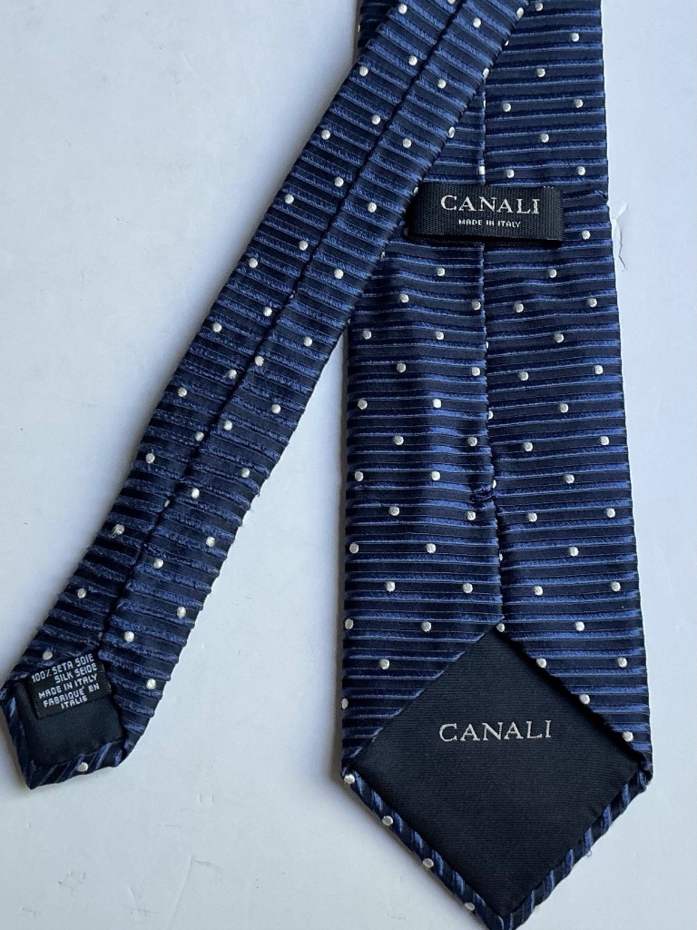 CANALI classy navy blue with polka dots all Silk tie made in Italy 🇮🇹